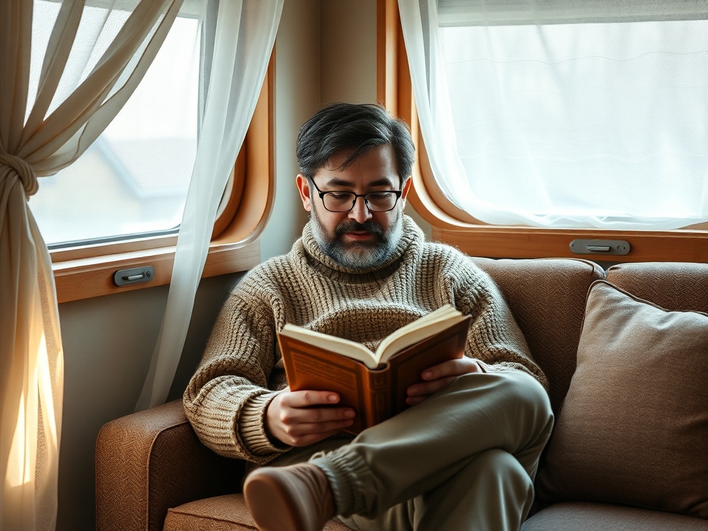 Мужчина в свитере читает книгу, сидя на диване у окна с днем расположением и естественным светом.