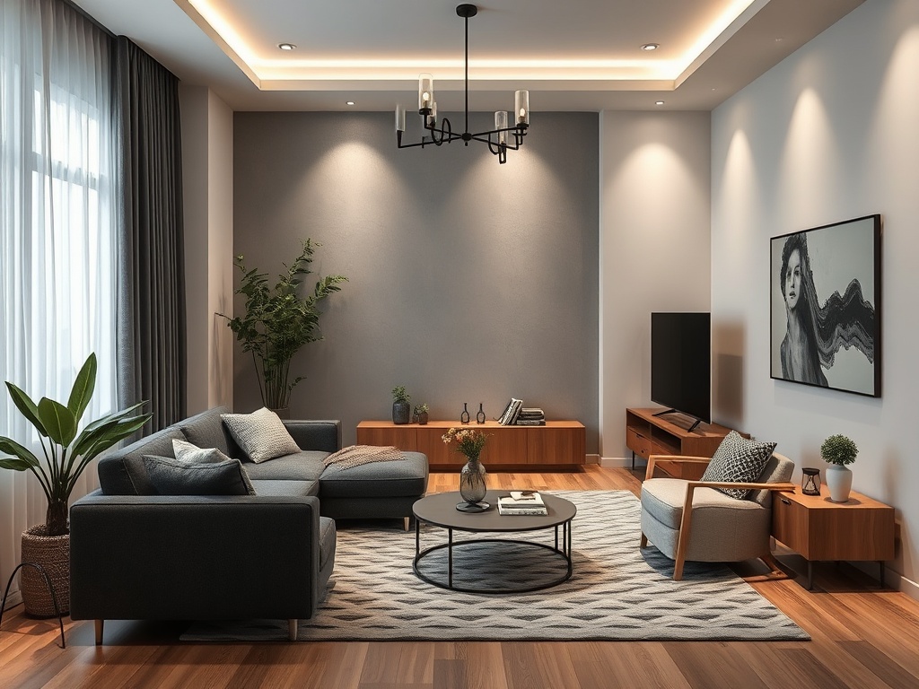 Светлая и уютная гостиная с современным декором, мягкой мебелью и растениями в интерьере.