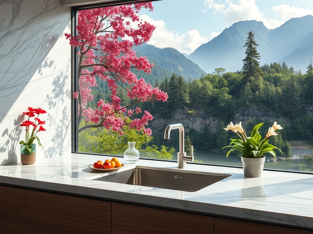 Кухня с мойкой, цветами и видом на горы с цветущими деревьями, ярко освещённая солнечным светом.