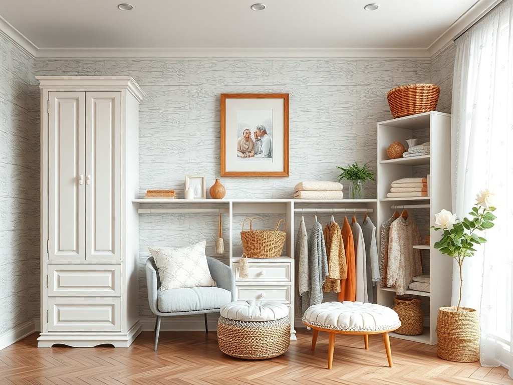 Современный интерьер комнаты с белой мебелью, стеллажами и текстилем, оформленный в светлых тонах.