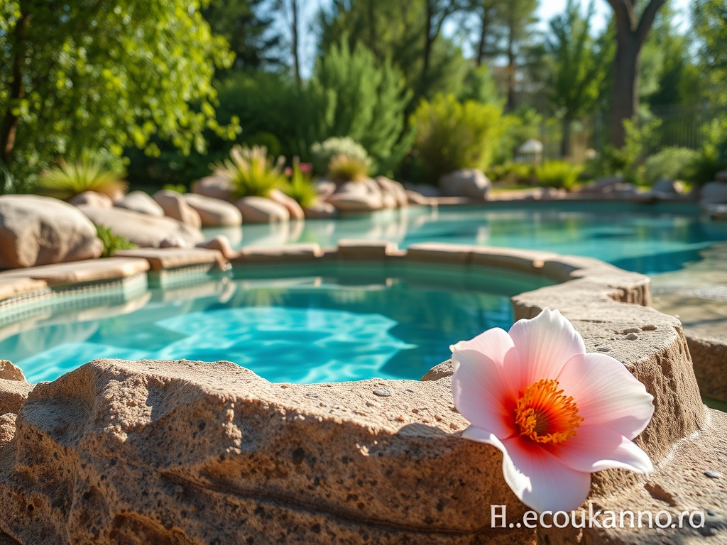 Спокойный бассейн с теплой водой и цветком на каменной грани. Оазис природы и комфорта.