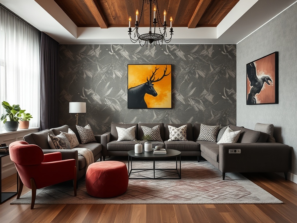 Современный уютный салон с серым диваном, яркими картинами и деревянными стропилами на потолке.